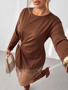 Auralis Plus Size Women's Brown Round Neck Ruched Waist Metal Decor Satin Lace Patchwork Asymmetrical Hem Elegant Fashion Holiday Party Outfit Long Sleeve Short Dress - Brown - View 2