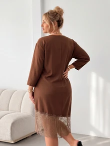Auralis Plus Size Women's Brown Round Neck Ruched Waist Metal Decor Satin Lace Patchwork Asymmetrical Hem Elegant Fashion Holiday Party Outfit Long Sleeve Short Dress - Brown - View 3