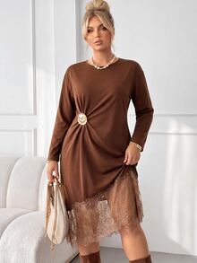 Auralis Plus Size Women's Brown Round Neck Ruched Waist Metal Decor Satin Lace Patchwork Asymmetrical Hem Elegant Fashion Holiday Party Outfit Long Sleeve Short Dress - Brown - View 6