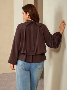 Auralis 咖啡棕色落肩長袖大尺碼寬鬆腰部鬆緊皺褶下擺套頭上衣休閒上衣優雅辦公正式商務工作女款秋季 - 咖啡棕 - 查看 2