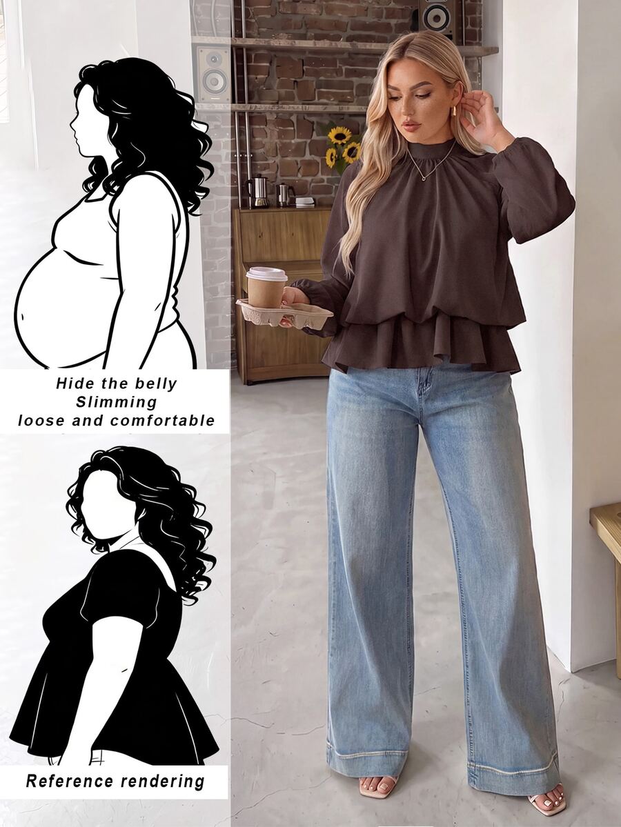 Auralis Blus Pullover Lengan Panjang Raglan Warna Cokelat Kopi Ukuran Besar dengan Pinggang Longgar dan Hem Berkerut Elastis, Atasan Kasual Elegan untuk Kantor Formal Bisnis Wanita Musim Gugur - Coffee Brown - View 1