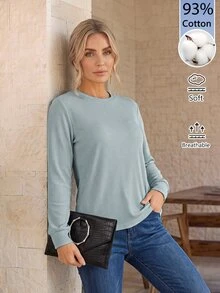 EMERY ROSE Solid Color Ribbed Comfortable Crew Neck Long Sleeve Casual Daily Wear Autumn/Winter Women's T-Shirt Everyday Home - Green - View 4