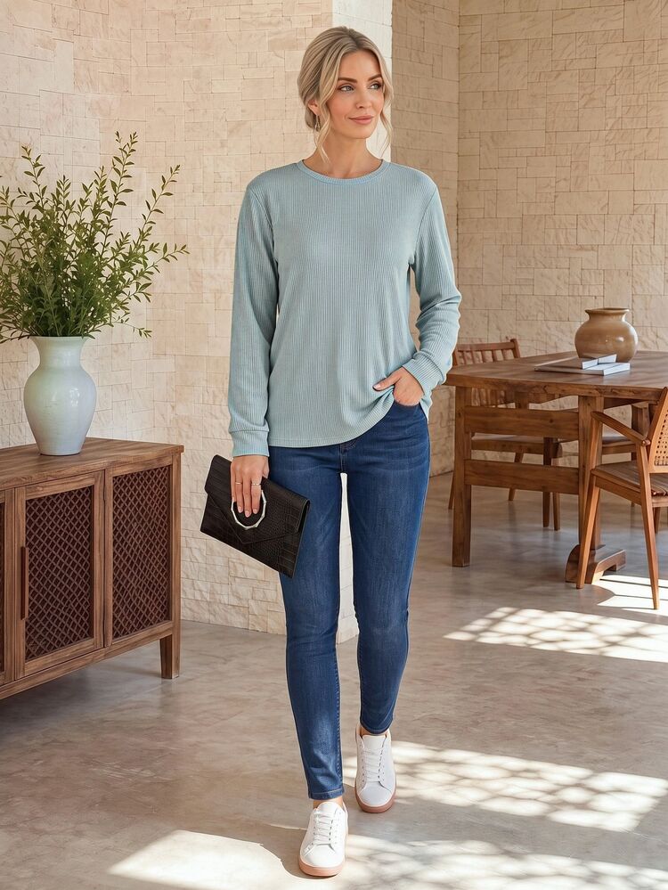 EMERY ROSE Solid Color Ribbed Comfortable Crew Neck Long Sleeve Casual Daily Wear Autumn/Winter Women's T-Shirt Everyday Home - Green - View 7