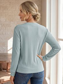 EMERY ROSE Solid Color Ribbed Comfortable Crew Neck Long Sleeve Casual Daily Wear Autumn/Winter Women's T-Shirt Everyday Home - Green - View 2