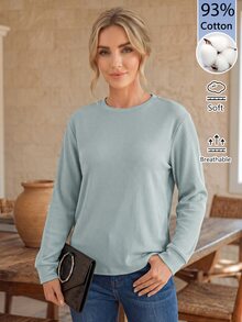 EMERY ROSE Solid Color Ribbed Comfortable Crew Neck Long Sleeve Casual Daily Wear Autumn/Winter Women's T-Shirt Everyday Home - Green - View 3