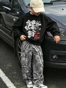 2件組青少年男孩套裝 黑白灰迷彩印花 寬鬆長袖圓領 開學季秋季休閒街頭風復古嘻哈 - 彩色 - 查看 3