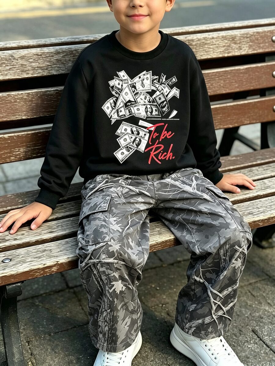 2件組青少年男孩套裝 黑白灰迷彩印花 寬鬆長袖圓領 開學季秋季休閒街頭風復古嘻哈 - 彩色 - 查看 1