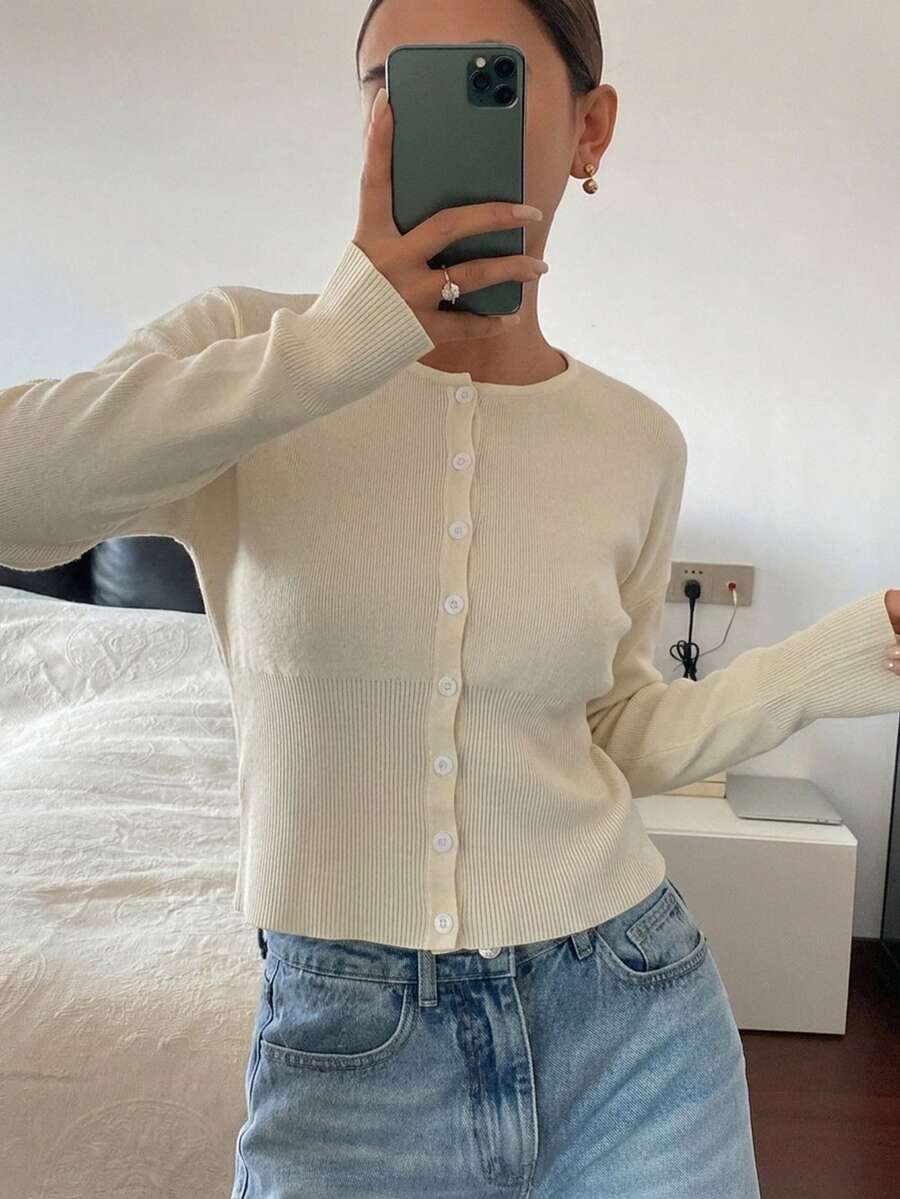 SHEIN PariChic 奶油白圓領修身秋冬針織開襟衫 - 白色 - 查看 1