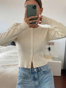 SHEIN PariChic 奶油白圓領修身秋冬針織開襟衫 - 白色 - 查看 4
