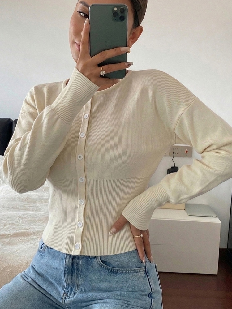 SHEIN PariChic Cream White Round Neck Slim Fit Autumn/Winter Knit Cardigan - White - View 5