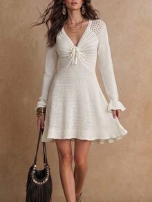 LanaWest Women's V-Neck Twisted Hollow Knit Long Sleeve Ruffle Hem Cinched Waist A-Line Short Vacation Style Dress - Beige - View 3