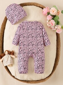 SHEIN 秋冬新生兒豹紋可愛嬰兒連身衣套裝 2件組 - 粉色 - 查看 2