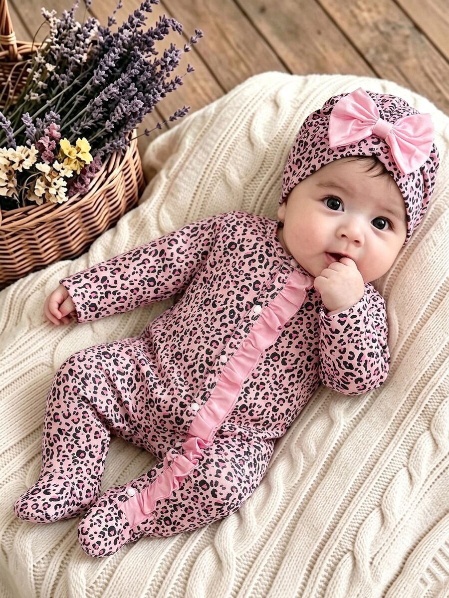 SHEIN Autumn/Winter Newborn Leopard Print Cute Baby Romper Jumpsuit 2pcs Set - Pink - View 1