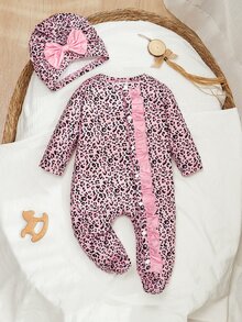 SHEIN 秋冬新生兒豹紋可愛嬰兒連身衣套裝 2件組 - 粉色 - 查看 3