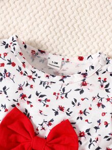 SHEIN 3pcs Baby Girls Top + Leggings Set Cute Sweet White Red Floral Big Bow Ruffle Long Sleeve Flutter Sleeve Round Neck Regular Fall Holiday - Red - View 9