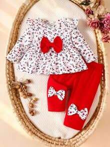 SHEIN 3pcs Baby Girls Top + Leggings Set Cute Sweet White Red Floral Big Bow Ruffle Long Sleeve Flutter Sleeve Round Neck Regular Fall Holiday - Red - View 5