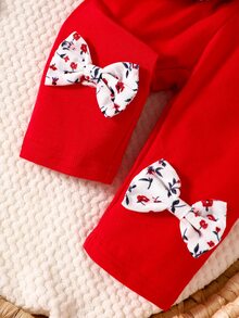 SHEIN 3pcs Baby Girls Top + Leggings Set Cute Sweet White Red Floral Big Bow Ruffle Long Sleeve Flutter Sleeve Round Neck Regular Fall Holiday - Red - View 6