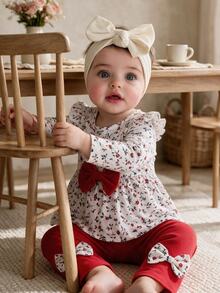 SHEIN 3pcs Baby Girls Top + Leggings Set Cute Sweet White Red Floral Big Bow Ruffle Long Sleeve Flutter Sleeve Round Neck Regular Fall Holiday - Red - View 2