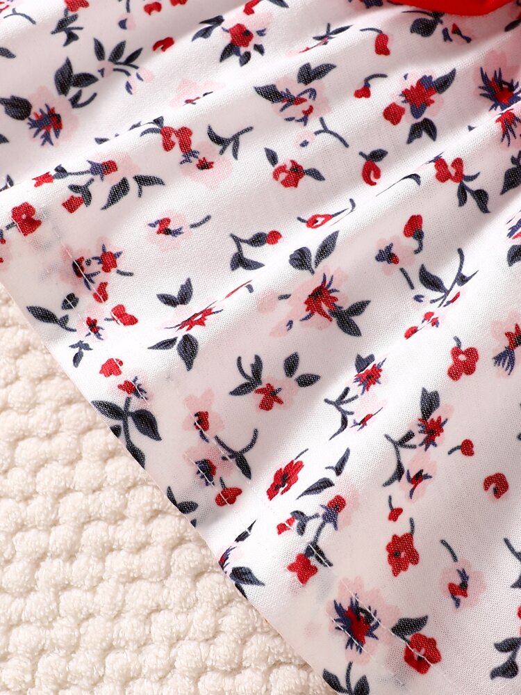 SHEIN Bộ 3 món áo và quần legging cho bé gái, màu trắng đỏ họa tiết hoa, nơ lớn, bèo nhún, tay dài tay cánh, cổ tròn, dáng thường, cho mùa thu và lễ hội - Đỏ - Xem 8