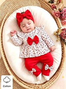 SHEIN 3pcs Baby Girls Top + Leggings Set Cute Sweet White Red Floral Big Bow Ruffle Long Sleeve Flutter Sleeve Round Neck Regular Fall Holiday - Red - View 3