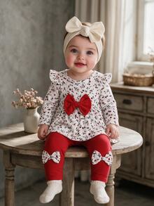 SHEIN 3pcs Baby Girls Top + Leggings Set Cute Sweet White Red Floral Big Bow Ruffle Long Sleeve Flutter Sleeve Round Neck Regular Fall Holiday - Red - View 1