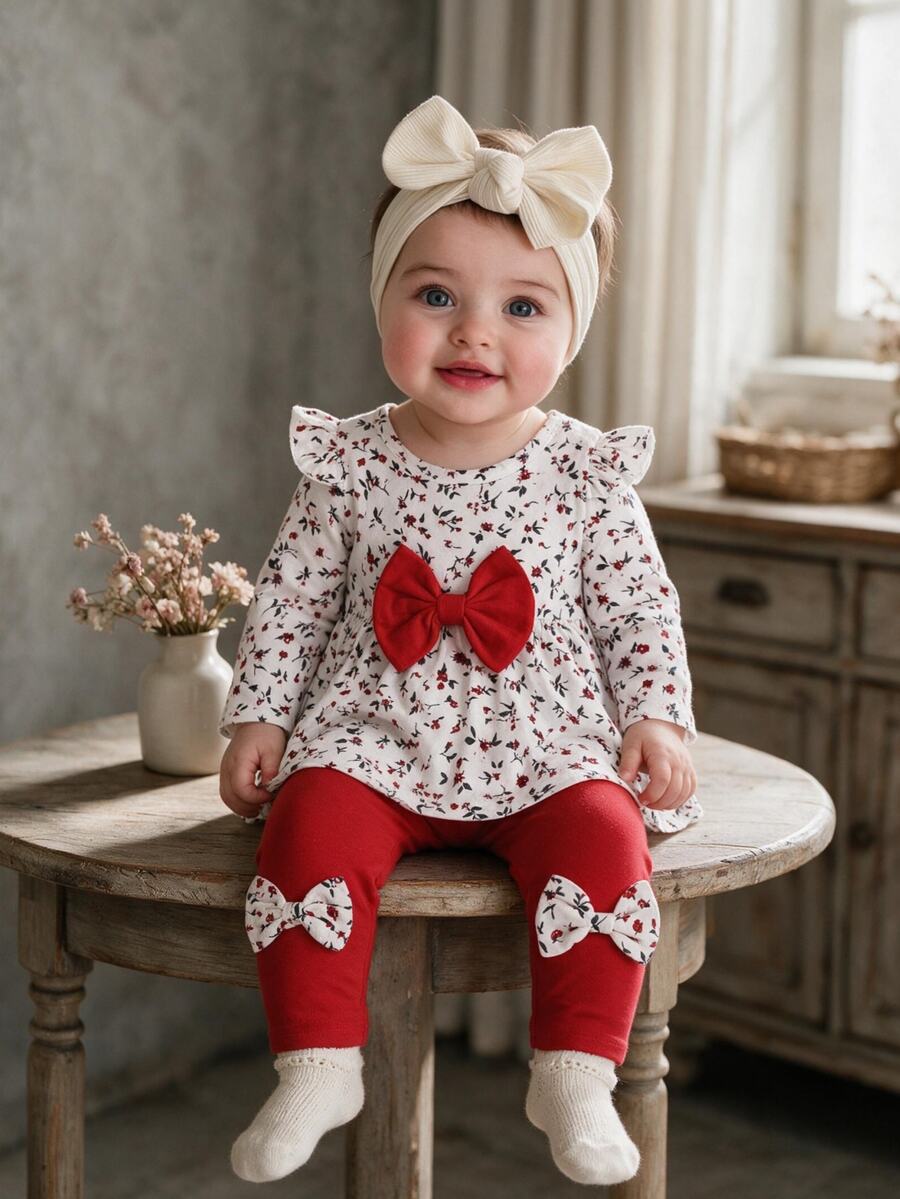 SHEIN 3pcs Baby Girls Top + Leggings Set Cute Sweet White Red Floral Big Bow Ruffle Long Sleeve Flutter Sleeve Round Neck Regular Fall Holiday - Red - View 1