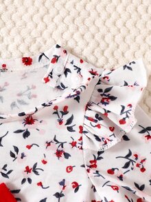 SHEIN 3pcs Baby Girls Top + Leggings Set Cute Sweet White Red Floral Big Bow Ruffle Long Sleeve Flutter Sleeve Round Neck Regular Fall Holiday - Red - View 10