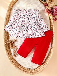 SHEIN 3pcs Baby Girls Top + Leggings Set Cute Sweet White Red Floral Big Bow Ruffle Long Sleeve Flutter Sleeve Round Neck Regular Fall Holiday - Red - View 4