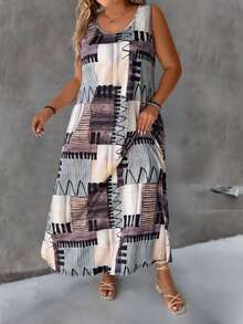 SHEIN LUNE Plus Size Round Neck Casual Printed Knitted Dress - Multicolor - View 3