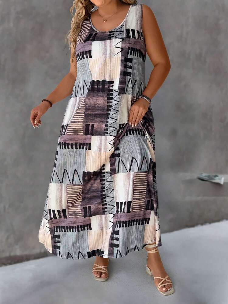 SHEIN LUNE Plus Size Round Neck Casual Printed Knitted Dress - Multicolor - View 3