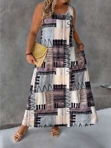 SHEIN LUNE Plus Size Round Neck Casual Printed Knitted Dress - Multicolor - View 6