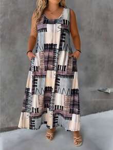 SHEIN LUNE Plus Size Round Neck Casual Printed Knitted Dress - Multicolor - View 1