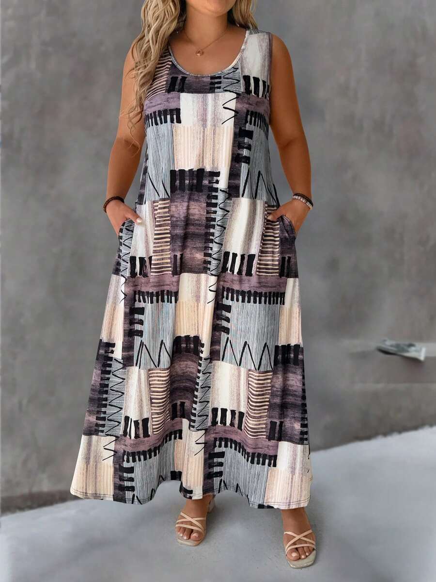 SHEIN LUNE Plus Size Round Neck Casual Printed Knitted Dress - Multicolor - View 1
