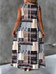 SHEIN LUNE Plus Size Round Neck Casual Printed Knitted Dress - Multicolor - View 2