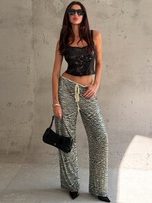 Aloruh Women's Zebra Print Sequin Long Pants,Y2K,Streetwear,Night Out,Gothic,Gyaru,Going Out,Country,Clubbing,Animal Print,Black And White,Party Trousers - Black and White - View 3