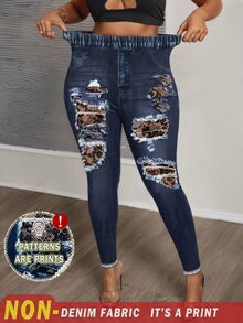 Slaydiva Plus Size Textured Print Leggings, Suitable For Music Festival , Blue Pants, Y2K Style - Multicolor - View 2