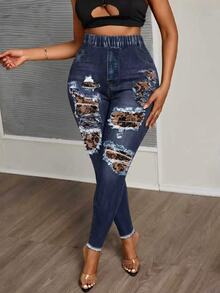 Slaydiva Plus Size Textured Print Leggings, Suitable For Music Festival , Blue Pants, Y2K Style - Multicolor - View 4