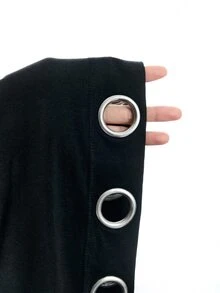 LYSMO Atasan Wanita Warna Polos dengan Dekorasi Grommet, Kasual Serbaguna untuk Harian, Pakaian Musim Gugur, Outfit Malam Keluar - Hitam - View 8