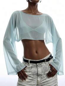 LYSMO Women's Rhinestone Embellished Casual Versatile Daily Wear Shirt, Fall Clothes, Social Blouse, Y2k, Chic Top Halloween - Mint Blue - View 5