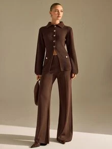 CLARA VERO Chocolate Gold Button Flared Knit Pants Set, Fitted, Great For Business Casual Style - Chocolate Brown - View 8