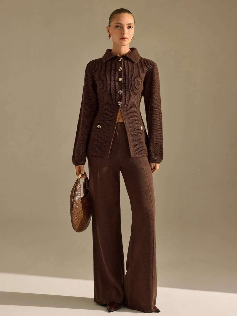 CLARA VERO Chocolate Gold Button Flared Knit Pants Set, Fitted, Great For Business Casual Style