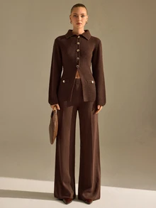 CLARA VERO Chocolate Gold Button Flared Knit Pants Set, Fitted, Great For Business Casual Style - Chocolate Brown - View 6