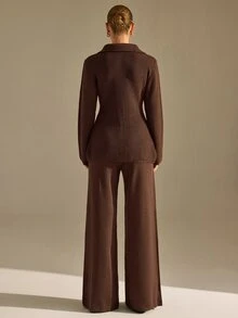 CLARA VERO Chocolate Gold Button Flared Knit Pants Set, Fitted, Great For Business Casual Style - Chocolate Brown - View 4