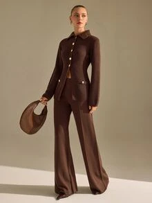 CLARA VERO Chocolate Gold Button Flared Knit Pants Set, Fitted, Great For Business Casual Style - Chocolate Brown - View 3