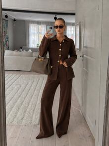CLARA VERO Chocolate Gold Button Flared Knit Pants Set, Fitted, Great For Business Casual Style - Chocolate Brown - View 10