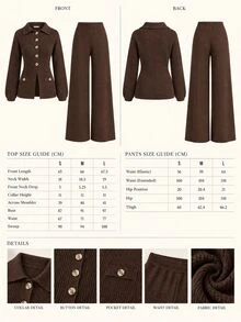 CLARA VERO Chocolate Gold Button Flared Knit Pants Set, Fitted, Great For Business Casual Style - Chocolate Brown - View 12