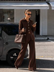 CLARA VERO Chocolate Gold Button Flared Knit Pants Set, Fitted, Great For Business Casual Style - Chocolate Brown - View 7