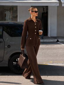 CLARA VERO Chocolate Gold Button Flared Knit Pants Set, Fitted, Great For Business Casual Style - Chocolate Brown - View 11