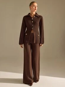 CLARA VERO Chocolate Gold Button Flared Knit Pants Set, Fitted, Great For Business Casual Style - Chocolate Brown - View 9