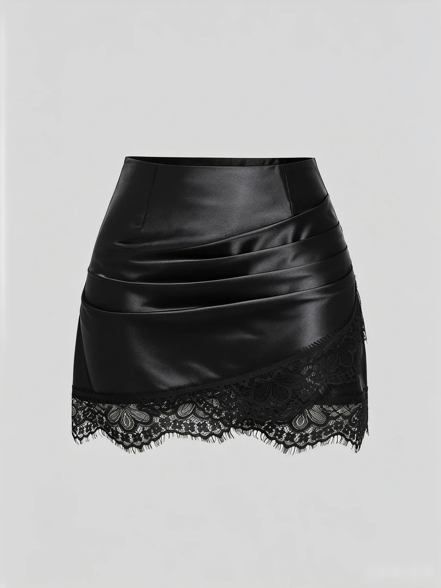Sweetra Women's Lace Patchwork PU Leather Fashion Versatile Mini Skirt - Black - View 1